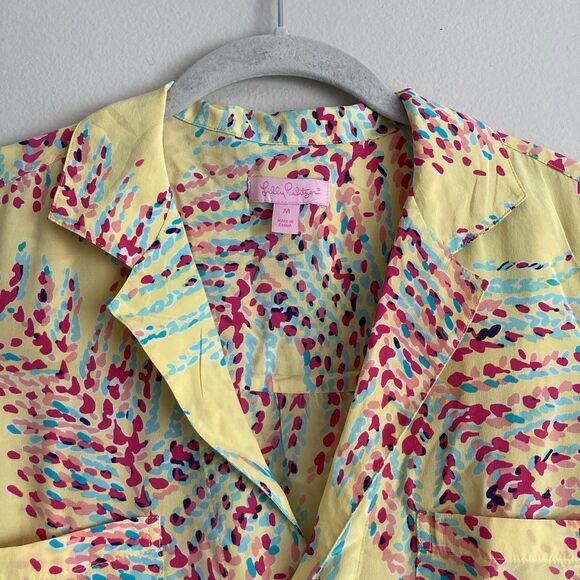 Lilly Pulitzer 100% Silk Top Yellow Printed Long Sleeve Blouse Colorful Size Med - Picture 2 of 12